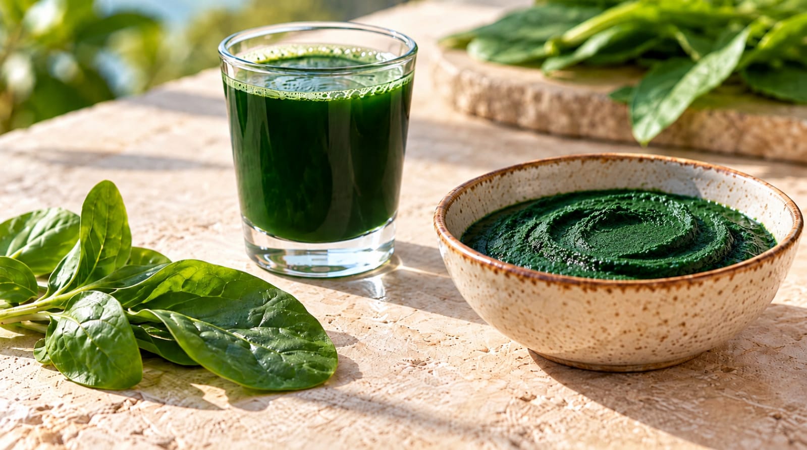 Fresh green spirulina drink and a bowl of spirulina on a sunlit stone counter