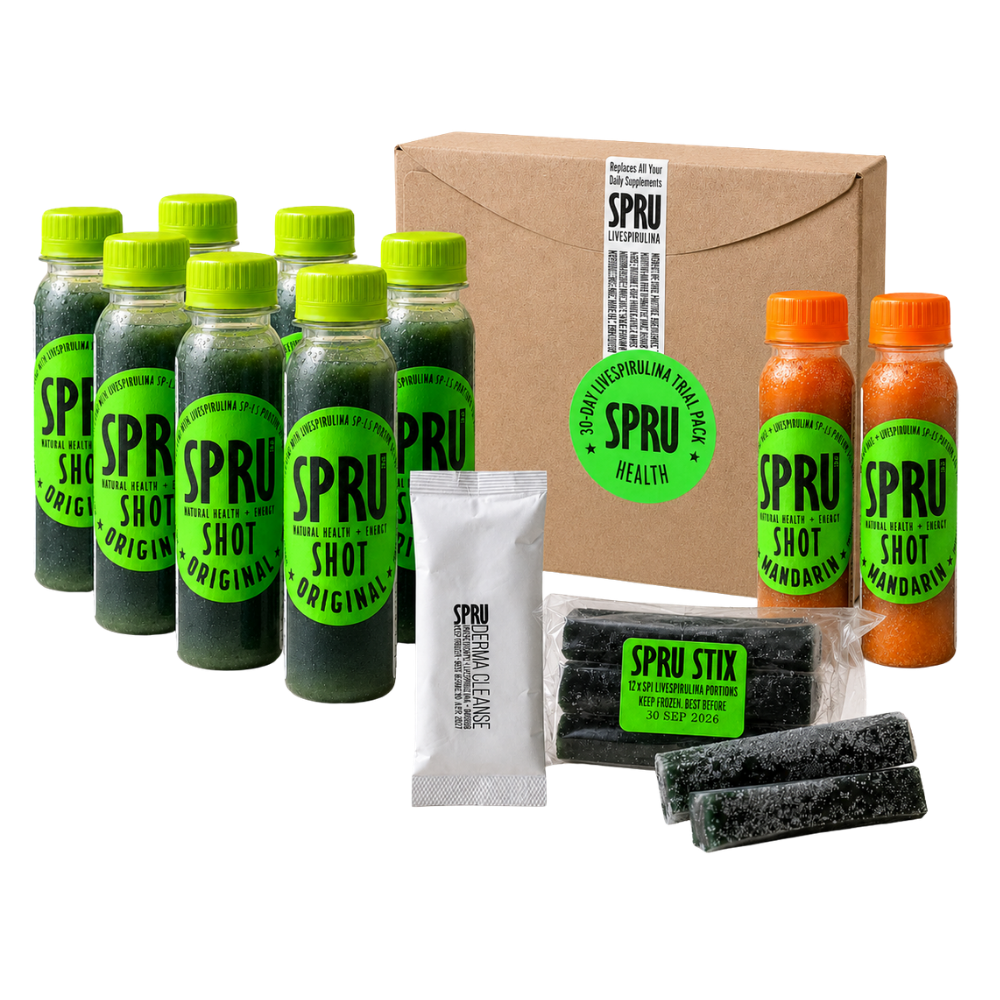 SPRU spirulina Shots and Stix with product packaging